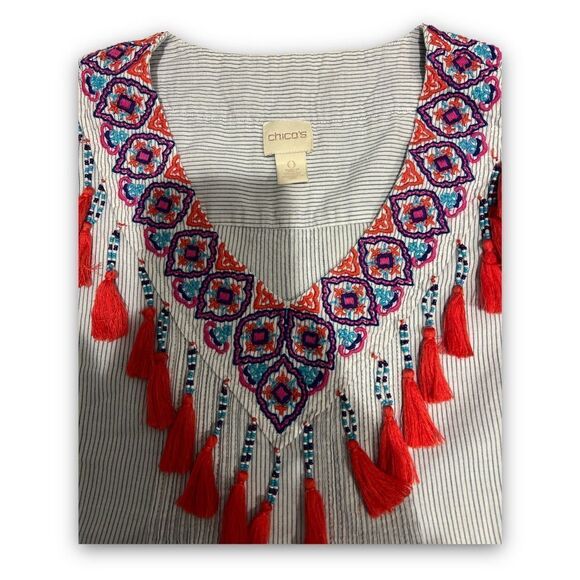Chico’s Boho Embroidered Tassel Blouse Top Size 0 - Picture 2 of 4